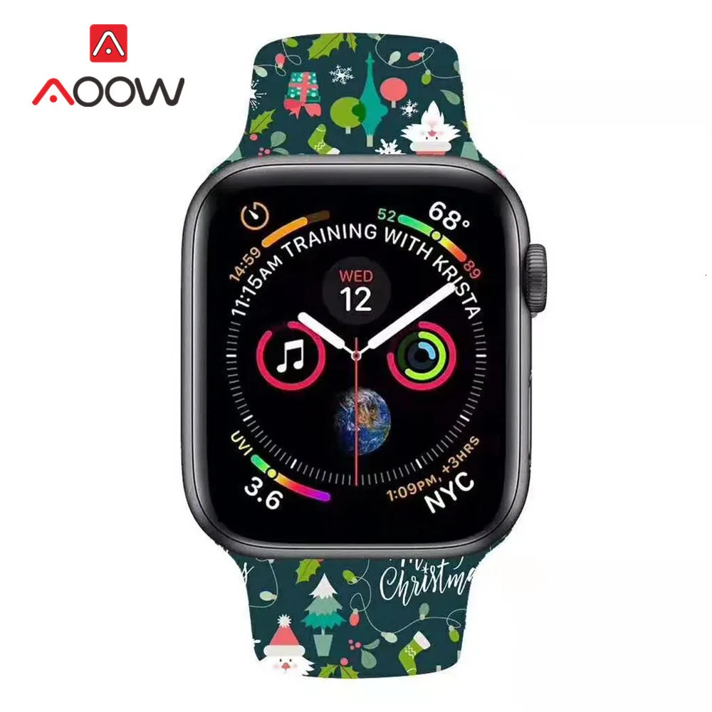 Мягкий силиконовый ремешок для часов Apple Watch 4, 5, 38 мм, 42 мм, 40 мм, 44 мм, мультяшный принт, рождественский подарок, браслет для iWatch 123