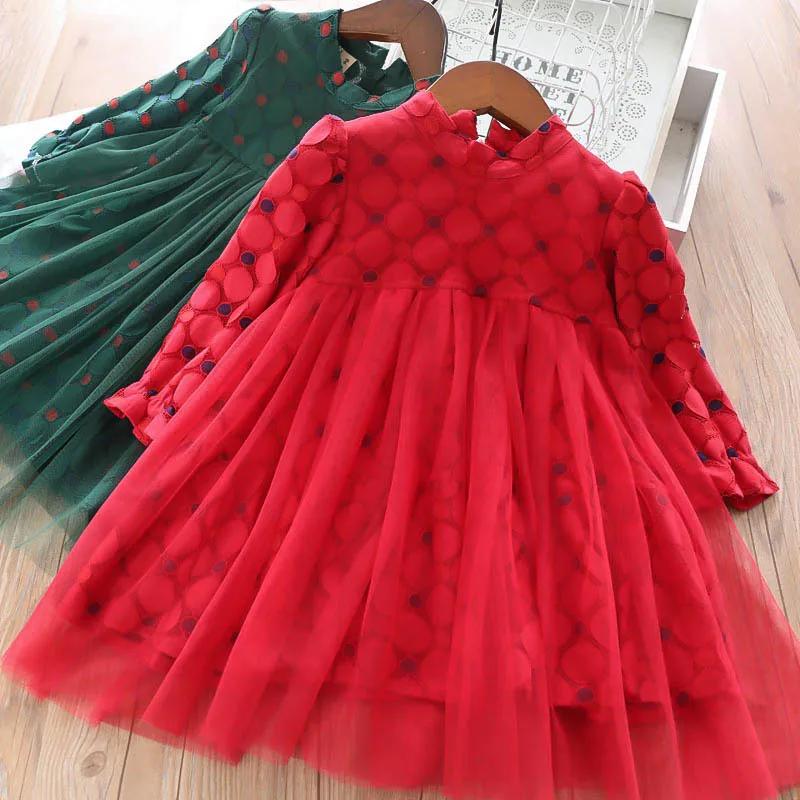 

Princess Child Lace Dot Tutu Ruffles Pretty Girls Clothing Dress Lovely Kids Spring Autumn Fashion Western Party Red Green Dress