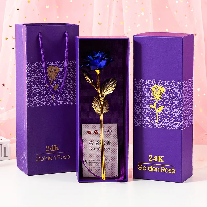 blue 24k позолоченный розовый искусственный цветок с длинным стеблем, подарки для влюбленных на свадьбу, Рождество, День Святого Валентина, Подарочная коробка для Дня матери - Цвет: blue