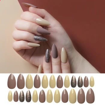 

24pcs Brown Yellow False Nail Artificial Tips Stiletto Fake Nails with Design Fingernail art accessaries Press on Nails