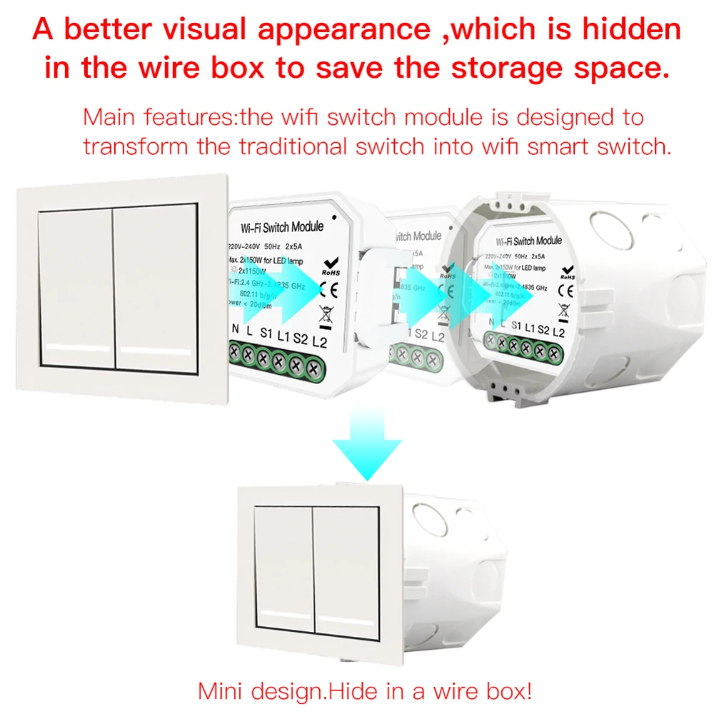 Мини-выключатели цепи 220-240 в wifi умное освещение переключатель DIY выключатель модуль приложение пульт дистанционного управления 2 комплекта 2 способа Литой чехол