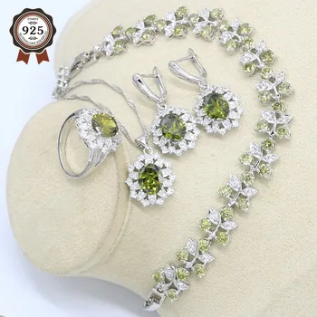

New Arrival Silver Color Jewelry Set for Women Olive Green AAA Zircon Bracelet Earrings Necklace Pendant Ring Birthday Gift
