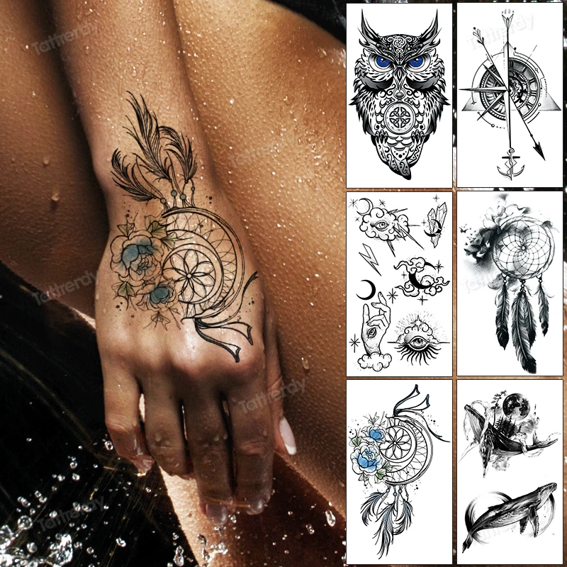 

small tattoo sticker waterproof dreamcatcher feather compass sun moon tattoo on hand wrist armband sleeve temporary tattoos cute