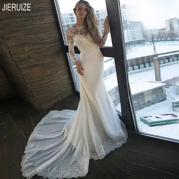 

JIERUIZE Unique Mermaid Wedding Dresses Long Sleeves Jewel Neck Backless Lace Appliques Empire Wedding Gowns vestido de noiva