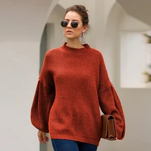 Autumn Winter Women Half High Collar Lantern Sleeves Baggy Casual Pullover Ladies Simple Cotton Solid Knitted Sweater Pull Femme Autumn Winter Women Half High Collar Lantern Sleeves Baggy Casual Pullover Ladies Simple Cotton Solid Knitted Sweater Pull Femme