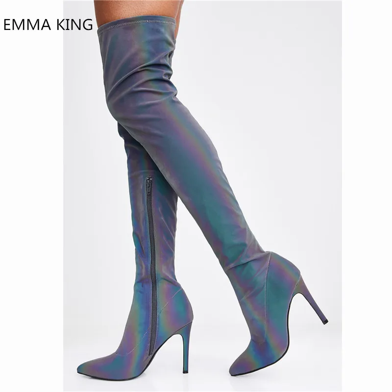 

2019 Neon Rainbow Stretch Over Knee Boots Women Fashion Pointed Toe High Heels Shoes Woman Stilettos Side Zip Thigh High Boots