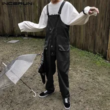 INCERUN повседневные мужские однотонные прямые брюки Харадзюку модные крутые уличные мужские комбинезоны джоггеры комбинезон на подтяжках