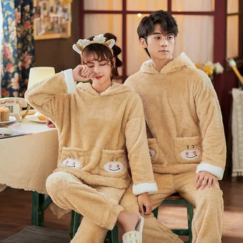 

Korean Flannel Pajamas Winter Warm Couple Sleepwear Home Clothes Coral Fleece Thick Pyjamas Women Men Pijama Mujer