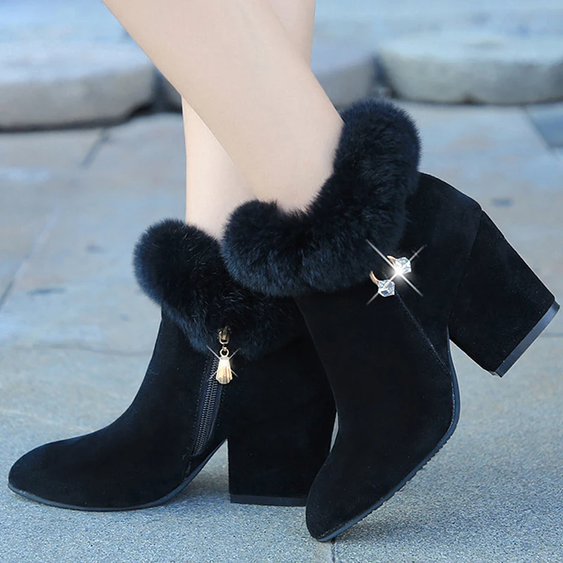 

Fashion Winter Women boots pearl High Heel Ankle Boots Female Block Mid Heels Casual shoes fur botines mujer 2020