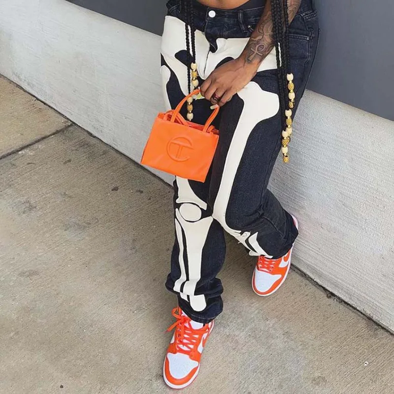 WeiYao Goth Pants Fall 2021 Skeleton Patterned Low Rise Baggy Jeans Femme Streetwear Women Black Denim Jean Trousers Cyber Y2k