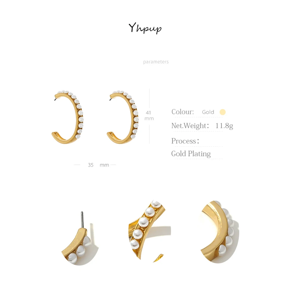 Yhpup, модные брендовые серьги-гвоздики с жемчугом, очаровательные серьги с темпераментом в форме C, цинковый сплав, золотые ювелирные изделия Oorbellen для женщин, для офиса