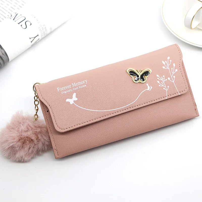 Elegant Women's Solid Color Fur Ball Wallet - PU Leather Long Wallet with Butterfly Card Holder Purse