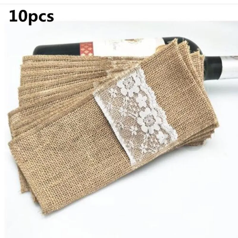 10pcs Natural Jute Burlap Cutlery Holders Packaging Fork and Knife for Wedding , Party Decoration 11*21cm   AA8016