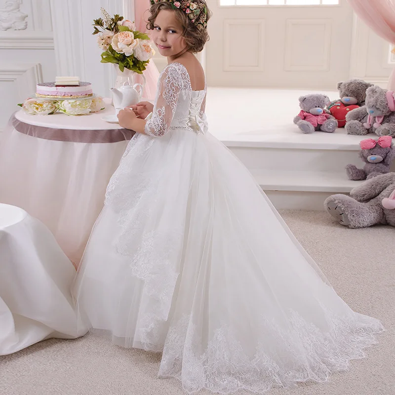 

Childrenswear Dresses of Bride Fellow Kids Girls Lace Diamond Set Bow Belt Small Tailing Princess Dress New Style