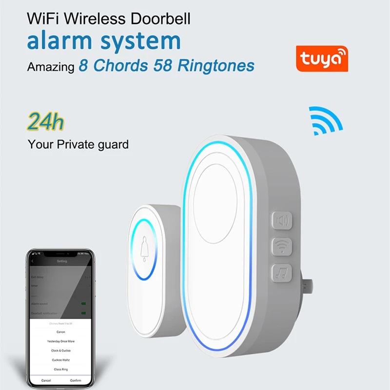 

Tuya WiFi Doorbell Wireless Smart Doorbell Alarm Chimes with 5 Year Long Battery Life 58 Tunes 5 Level Adjustable Volume