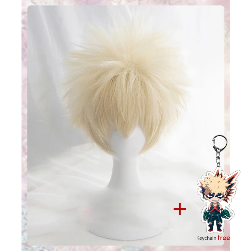 

Anime My Hero Academia Baku no Hero Bakugou Katsuki Bakugo Short Linen Blonde Heat Resistant Cosplay Costume Wig + Keychain