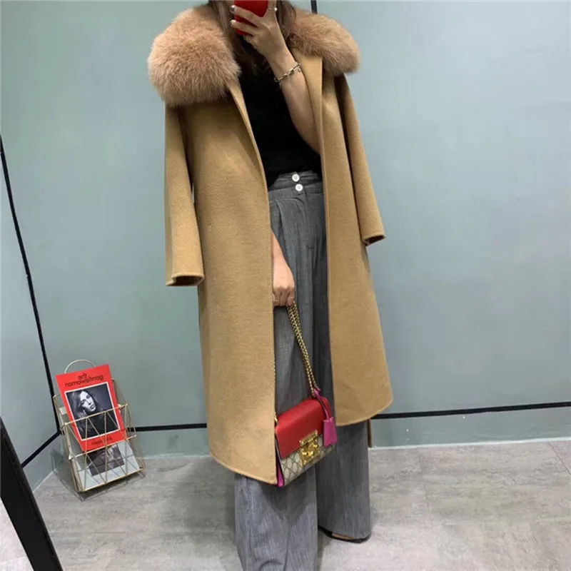 

winter woolen coats for women 2019 Real Fox Fur Collar Double Side Wool Coat Female Jacket