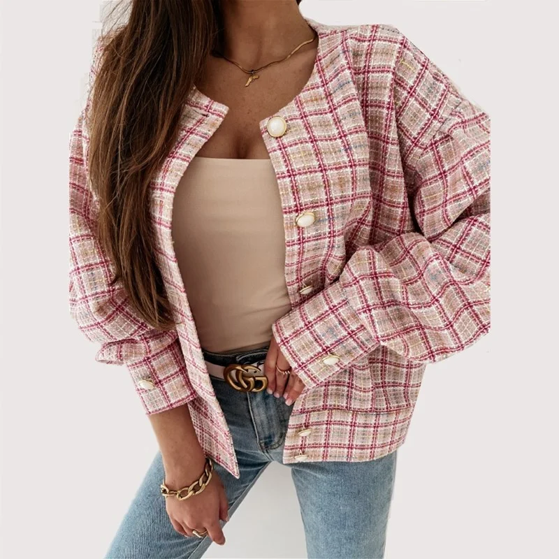 

2021 Fashion Autumn And Winter New Jacket Women's Short Plaid Printed Casual Long-sleeved Jacket Wn*