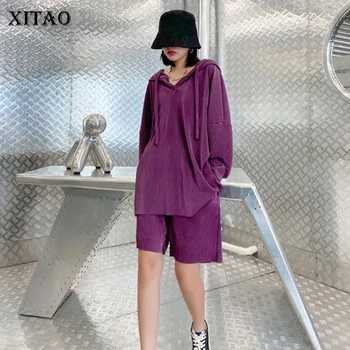 

XITAO Purple Plus Size Two Piece Set Women Loose Fashion Casual Elastic Waist 2020 New Autumn Black Hooded Women Clothes ZP2489