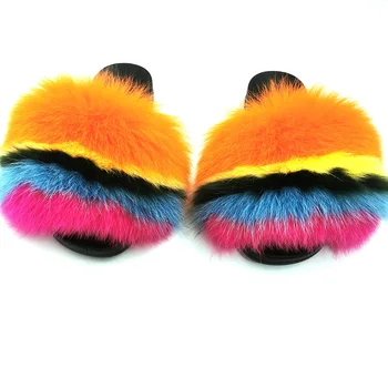 

Latest Fashion Sandals Multi Color Rainbow Indoor Fluffy Real Big Fox Fur Slippers For Women And Kids Free Shipping