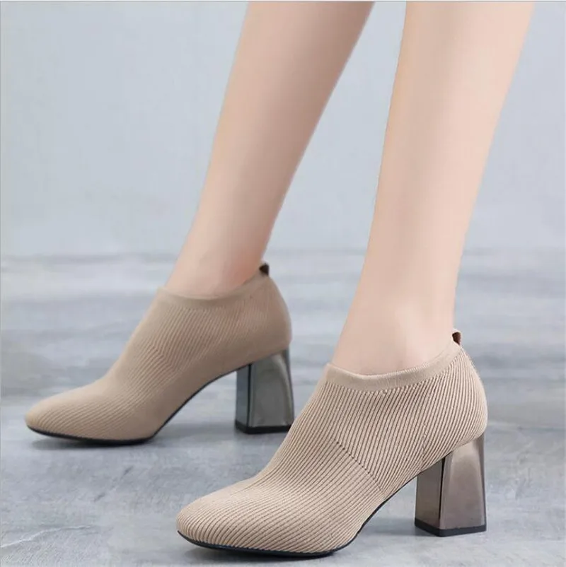 

Tangnest Women Stretch Knit Fabric Pumps Breathable Comfort High Heel Shoes Square Toe Slip On Silver Heel Shoes WXG727