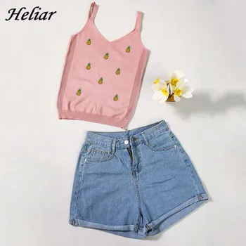 

Heliar Knitting Tank Top and Jeans Shorts Two Pcs Outfits Women Patchwork Pajama Set Pineapple Embroidery Tank Top Female Suits
