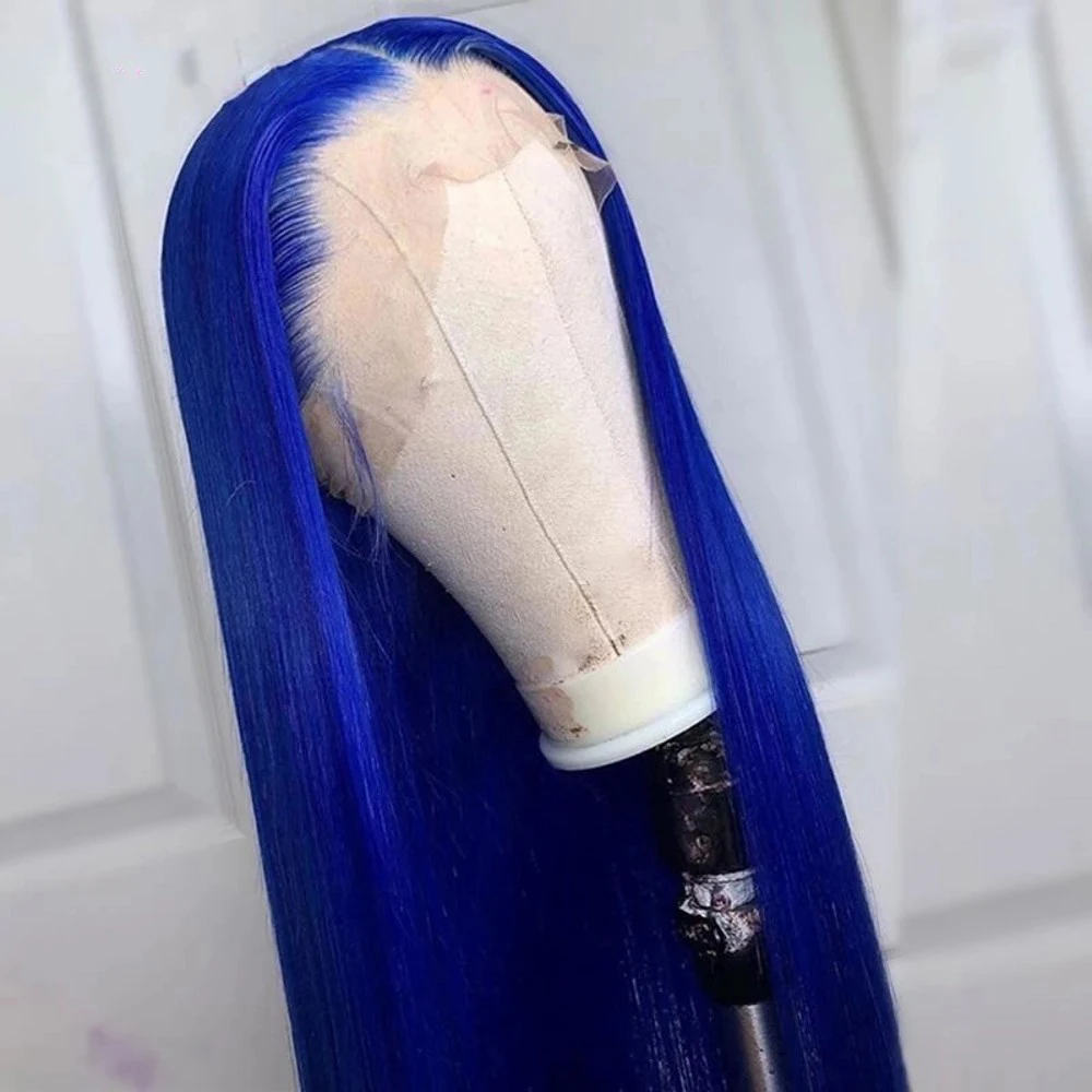 Lace Front Wig Synthetic Long Straight Blue Middle Part Pre Plucked For Black Women