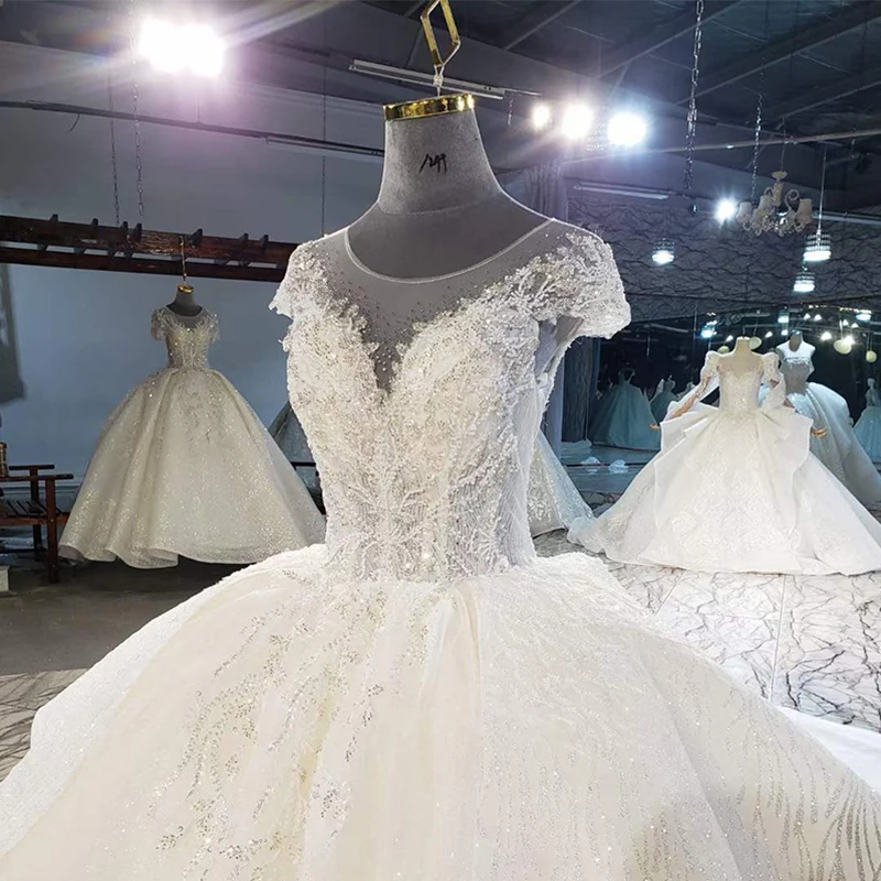 HTL2038 Elegant Extravagant Sequin Crystal Pearls Wedding Dress 2021 V-Neck Short Sleeve Lace Up Back 5