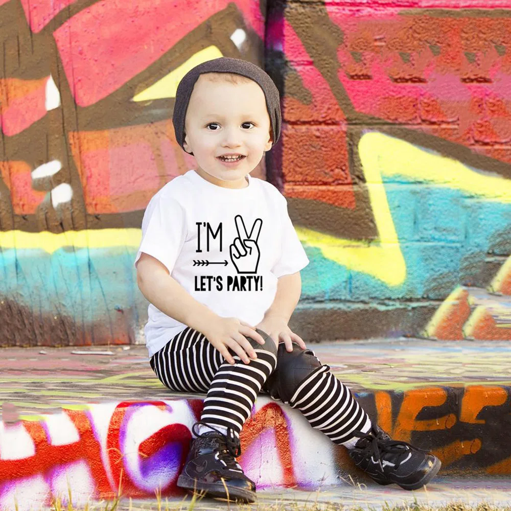 

I'm Two Let's Party Funny Kids Tshirt Toddler Boys Girls 2nd Birthday Party T-shirts Fashion Children T Shirt Short Sleeved
