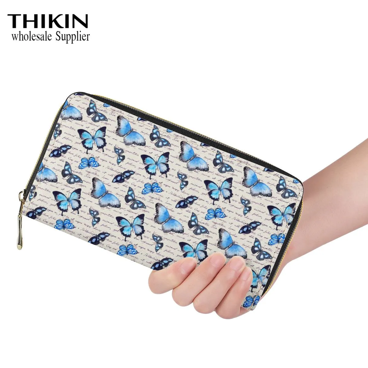 

THIKIN Women Long Wallets Blue Butterfly Pattern PU Leather Fashion Ladies Phone Pocket Money Bags Wallet Clutch Long Purse Bags