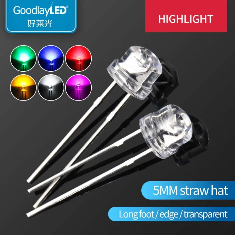 1000PCS 5mm straw hat highlight short leg white red green yellow pink purple LED light-emitting diode | Лампы и освещение