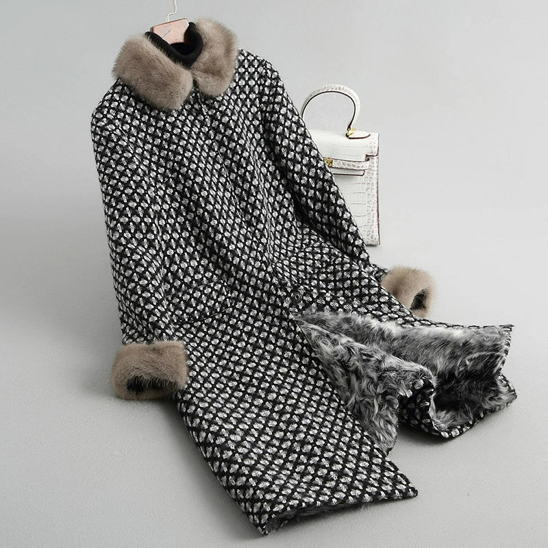 

Lamb Fur Liner Coats 2020 New Real Fur Coat Female Natural Mink Fur Collar Long Thick Winter Jacket Women 38608