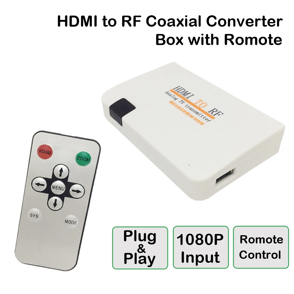 Analog TV Transmitter HDMI To RF Radio Frequency Signal HD Modulator Box Converter with Remome control zoom for HDTV PC |