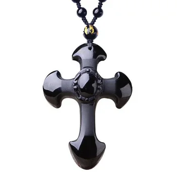 

Women Necklace Pendant Black Obsidian Jesus Christ Cross Pendant Free Chain Gift for Male Fine Jade Jewelry