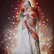 Рождественские вечерние костюмы для танцев для мужчин и женщин, эластичный обтягивающий плащ-комбинезон с принтом, сексуальная одежда для певицы и танцовщицы