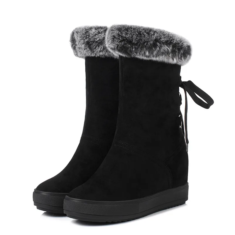 ANNYMOLIWomen/женские ботинки зимние сапоги до середины икры на натуральном меху, увеличивающие рост теплая плюшевая обувь с круглым носком женские размеры 34-39 - Цвет: Черный