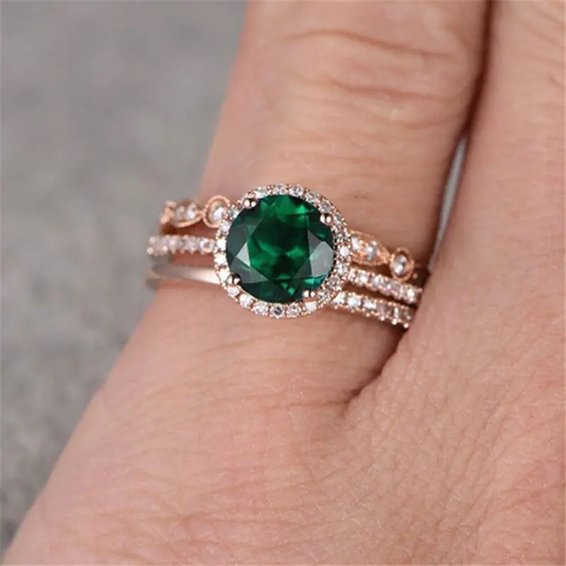 

3Pcs/Set Green Stone Crystal Engagement Rings Claws Design Hot Sale for Women Rose Gold Zircon Vintage Bridal Wedding Ring