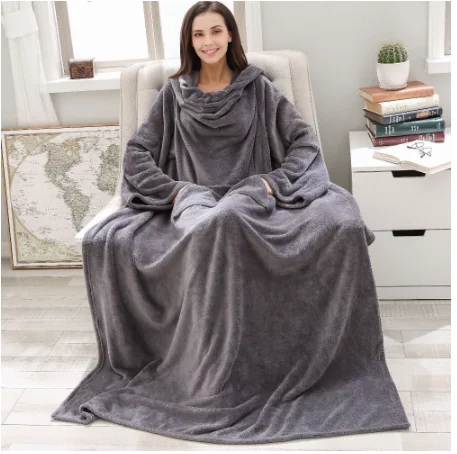 

New Warm Blanket Long Coral Fleece Blanket with Sleeves Coral Fleece Pocket Blanket Adult Winter Wash Flannel Blankets Robe