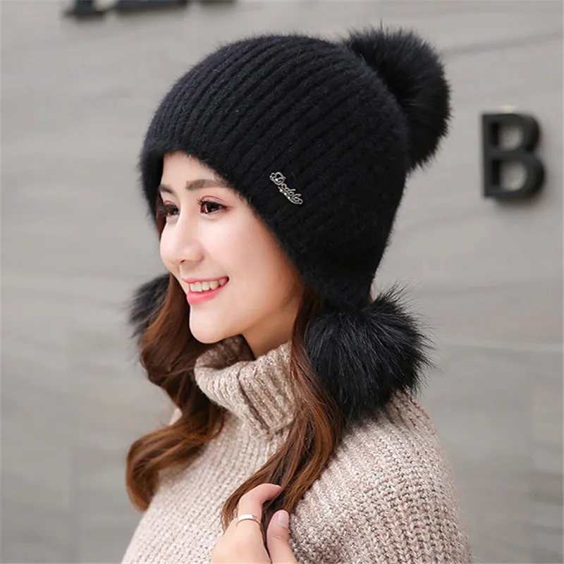 Женская модная зимняя в стиле бини шапки ушные муфты повседневные пушистые вязанные шапки-бобы Gorros черные шапки для женщин и девушек