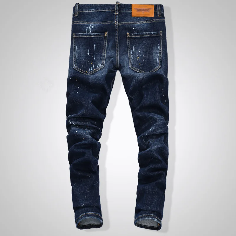 Европейский и американский стиль, мужские s dsq брендовые джинсы, мужские прямые джинсовые брюки на молнии в стиле пэчворк, Узкие синие джинсы с дырками для мужчин 8039