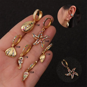 

TTLIFE Bohemian Sea Animal Rainbow Zircon Small Hoop Cz Earring Crystal Shell Starfish Pendant Ear Piercing Jewelry