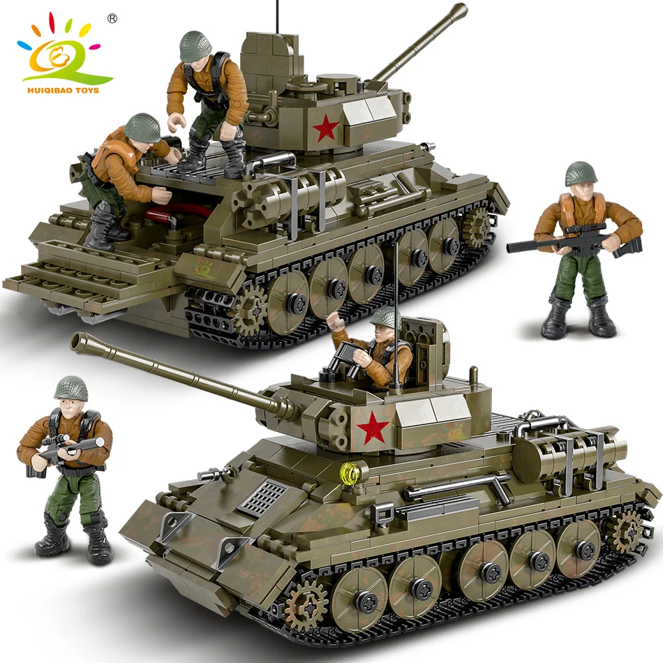 HUIQIBAO 854pcs Military Model Building Blocks WW2 T-34 Medium Tank with 3 Soldier Figures Army Weapon Bricks Toys For Children