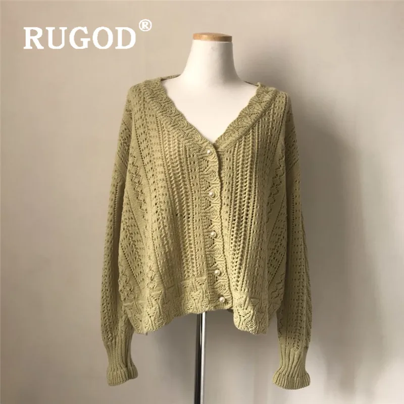RUGOD/Новинка года; осенняя одежда для женщин; Однотонный свитер; кардиган с v-образным вырезом; жемчужная пуговица; вязаное крючком кружевное пальто; Модный женский элегантный топ