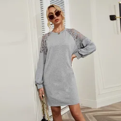 Vestido de encaje de retales para mujer, ropa informal gris, elegante, de manga farol, Vintage, básico, sólido, holgado, por debajo de la rodilla
