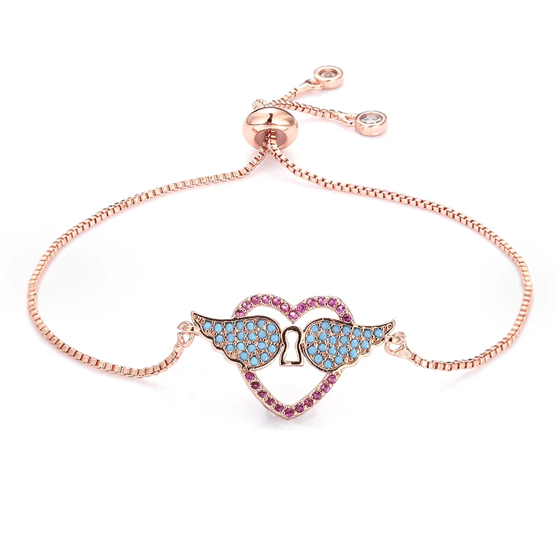 Модные женские браслеты с радужным сердцем, ювелирные изделия, золотой cz цветной браслет с цирконом, регулируемый браслет-цепочка для женщин - Окраска металла: rose gold
