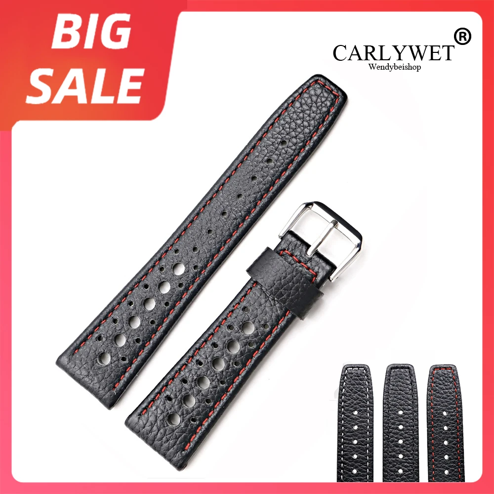 CARLYWET 20 22mm TOPLuxury Real Calf Leather Handmade White Stitches Wrist Watch Band Strap Belt For Rolex Omega IWC Tag Heuer | Наручные