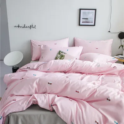 Шелковые постельные принадлежности, 3/4 удобный шелковый постельный комплект, Королевский размер, Комплект постельного белья, одноцветная простыня с принтом, Шелковый стеганый комплект, наволочка, розовый цвет - Цвет: 5