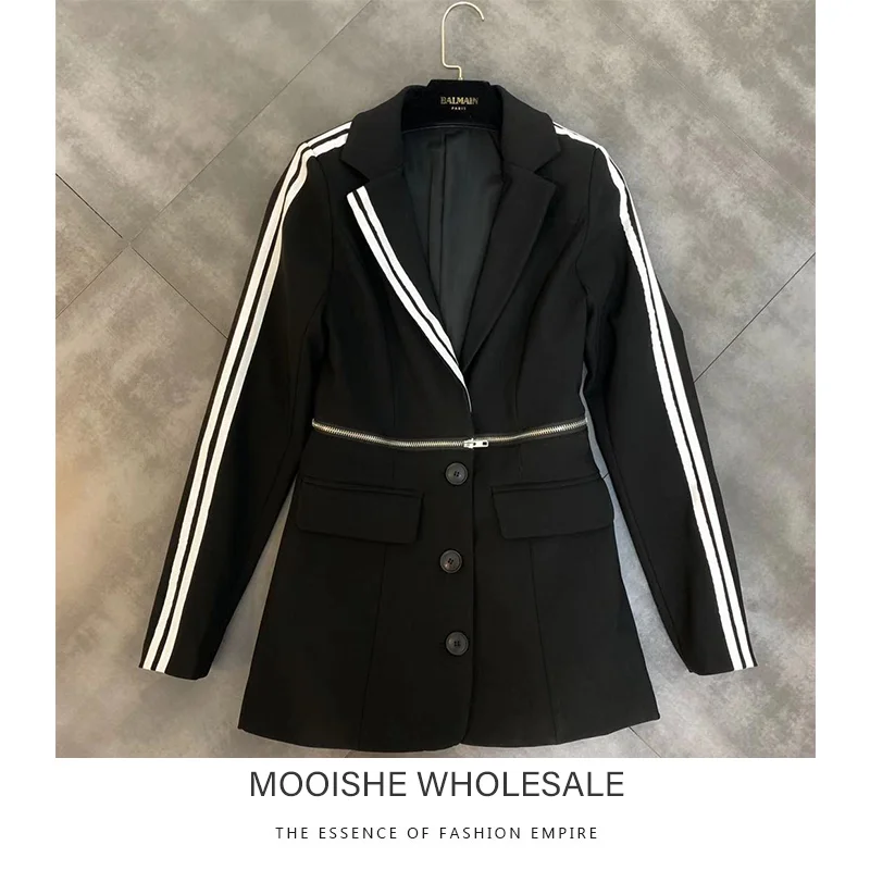 

2019 Early Autumn New Lapel Vertical Stripes Long-sleeved Zipper Slits Trend Blazer Jacket