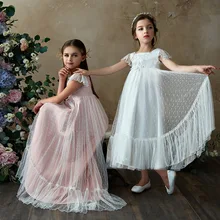 Pink Flower Girl Dresses For Weddings A-line Cap Sleeves Tulle Appliques Long First Communion Dresses Little Girl