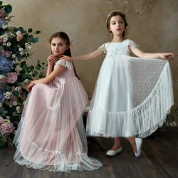 Pink Flower Girl Dresses For Weddings A-line Cap Sleeves Tulle Appliques Long First Communion Dresses Little Girl